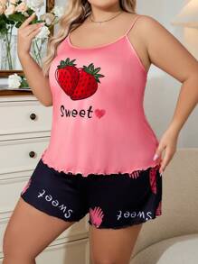 SweetSlumber Plus Size Summer Strawberry Print Tank Top And Shorts Pajama Set - Multicolor - View 4