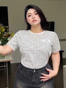 Dazy Petite Plus Plus Size Button Details Plaid Short Sleeve T-Shirt For Summer Casual Style