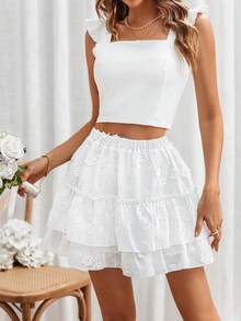 SHEIN Frenchy 女士刺繡立體花荷邊白色裙子，仙氣白色裙子，夏季白色裙子，婚禮季 - 白色 - 查看 2