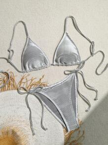 SHEIN Swim Summer Two-Piece Bikini Set With Spaghetti Strap, Back Tie, Separable - Black and White - View 4