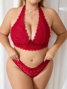 Plus Size Women's Romantic Lace Halter Bralette And Panties Set (Wire-Free) 2pcs, Lingerie - Burgundy - View 5