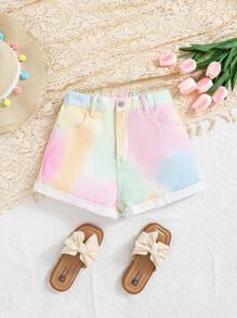 SHEIN Tween Girls' Spring Summer Boho Tie Dye Print Rolled Up Hem Casual Denim Jeans Shorts,Girls Summer Clothes Outfits - Multicolor - View 1
