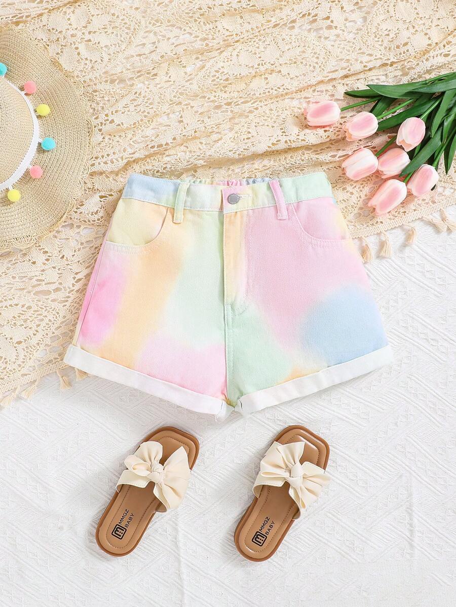 SHEIN Tween Girls' Spring Summer Boho Tie Dye Print Rolled Up Hem Casual Denim Jeans Shorts,Girls Summer Clothes Outfits - Multicolor - View 1