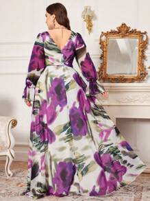 SUPGIR Váy voan in kỹ thuật số tay dài cổ chữ V in hoa văn cỡ lớn có dây buộc eo cho những dịp trang trọng, váy dạ hội dài tay thanh lịch cho khách dự tiệc cưới, tốt nghiệp, tiệc tối - Nhiều màu - Xem 2