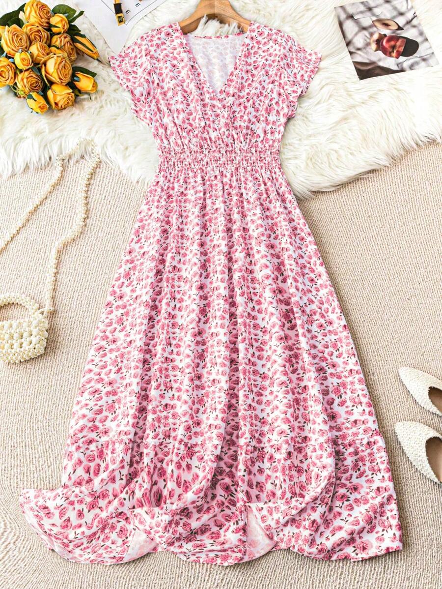 SHEIN Clasi Kích thước lớn Mùa hè giản dị Kỳ nghỉ Đầm Với Nhỏ bé In Hoa Và Batwing - Hồng - Xem 1