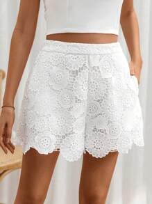 SHEIN Frenchy Women's Lace Shorts  With Pockets  Fashionable White High Waisted Lace Shorts Wedding Women Shorts Summer Pants Summer Bottomshigh Waisted Shorts Women Slacks - White - View 8