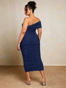 SHEIN BAE Váy bodycon xếp ly trơn màu cỡ lớn mùa hè - Màu xanh hải quân - Xem 2