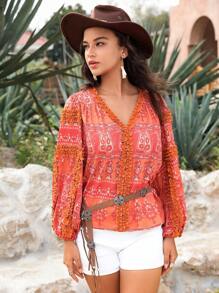 Anewsta Women's Vacation Style Lantern Sleeve Shirt With Frill Trim And Paisley Print For Spring/Summer - Khaki - View 4