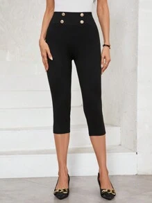SHEIN Ellevyn Màu thuần Gầy NỮ Nút Đồ trang trí Capri quần Đối với Mặc hàng ngày - màu đen - Xem 10
