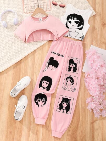 SHEIN 適合青少年女孩的印花無袖上衣+褲子+短上衣3入組套裝