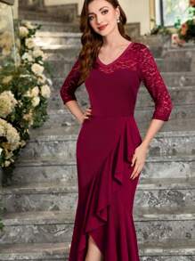 Zolique Women Elegant Lace Patchwork Wrapped Tulip Hem Bodycon Dress With Ruffle Trim - Burgundy - View 1