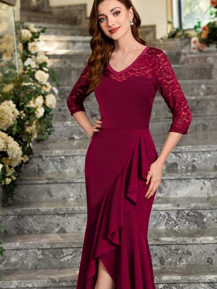 Women Elegant Lace Patchwork Wrapped Tulip Hem Bodycon Dress With Ruffle Trim