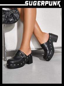 Sugerpunk 女士时尚厚底纯色黑色穆勒鞋，带扣装饰高跟鞋，夏季 Y2k 朋克潮流酷街头运动圣诞哥特式秋季新年假期 - 黑色 - 查看 3