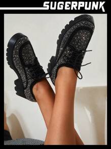 Sugerpunk Women Faux Suede Rhinestone Decor Lace-Up Front Wedge Shoes, Glamorous Outdoor Platform Oxford Shoes Valentine's Day For Summer Vacation Shoes Summer - Black - View 7