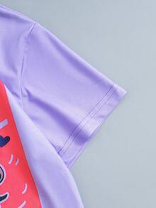 Camiseta De Manga Corta Con Estampado De Dibujos Animados Para Niñas Adolescentes, De Moda Para La Primavera Y El Verano - Púrpura malva - Ver 3