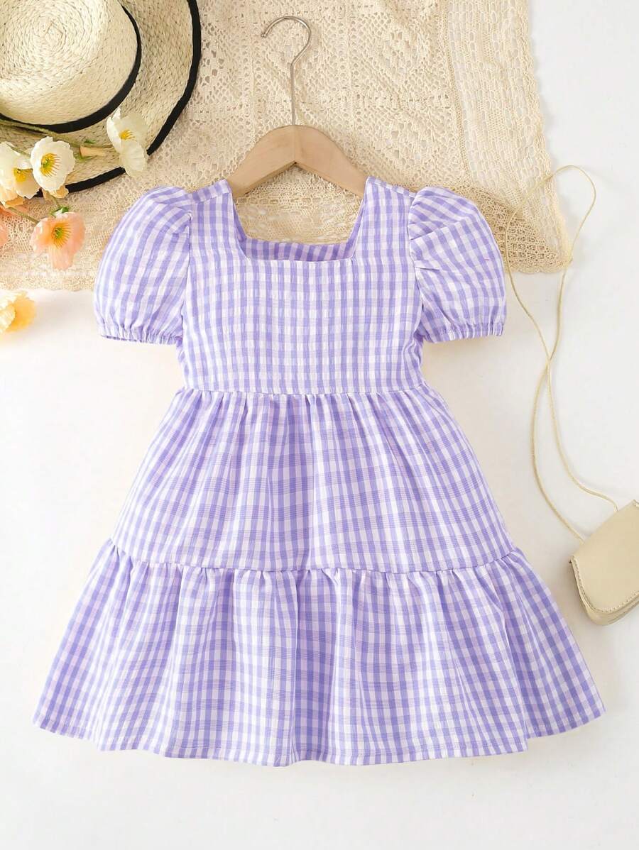 SHEIN Cô gái trẻ Gingham in tay bong bóng & váy viền xù - Màu tím - Xem 1