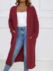 SHEIN LUNE 加大號針織雙口袋垂墜肩羊毛衫 - 紅木色 - 查看 3