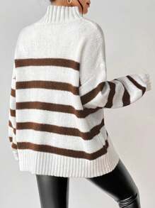 SHEIN Essnce Women's Fall/Winter Striped Drop Shoulder Wide Sleeve Loose Sweater With Stand Collar Knit Pullover