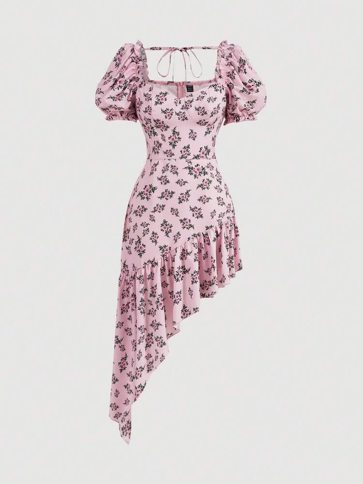 Asymmetric Hemline & Ruffles & Bubble Sleeve & Floral Print Spaghetti Strap Dress For Spring And Summer