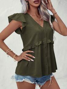 SHEIN LUNE 夏季休閒襯衫,鈕扣式設計,配有荷葉邊袖子 - 軍綠色 - 查看 4