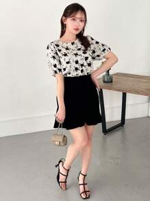 FRIFUL Summer Casual Floral Print Short Sleeve Holiday Shirt With Round Neck,Short Sleeve Tops Easter - Apricot - View 2
