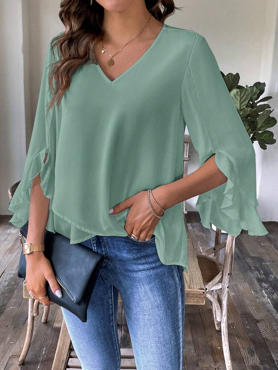 SHEIN Clasi Blusa Decorada Primaveral Casual V-cuello Con Bordes Plisados - verde menta - Ver 1