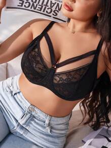 Lace Splice Plus Size Bra With Underwire And Gathered Cups (1pc) Lingerie - Black - View 3