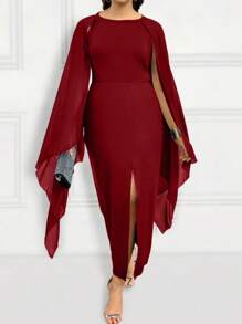 SHEIN Clasi Plus Size Mesh Splicing Cape Sleeve High Side Split Dress - Red - View 4