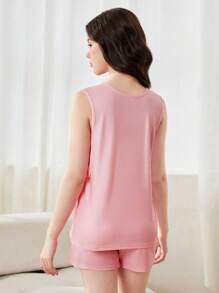 Teen Girl Màu Hồng Nhạt Đơn Giản Áo Vest Không Tay Màu Trơn Phù Hợp Với Quần Short Áo 2 Chiếc Homewear Bộ Trang Phục - Màu Hồng baby - Xem 2