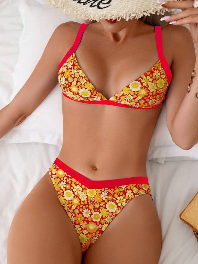 Women Solid Color Fashionable Bra And Printed Swimwear Briefs Bikini Set Summer