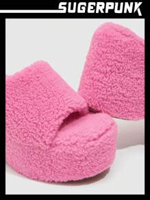 Sugerpunk Women Shoes Valentine Days Day Neon-Pink Fuzzy Wedge Slide Outdoor Sandals - Hot Pink - View 4