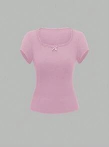 Sweetra Women's Solid Color Simple Lace Collar Decorated T-Shirt