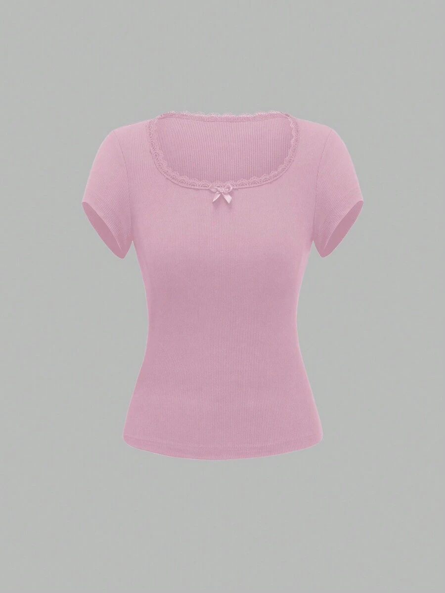 Sweetra Women's Solid Color Simple Lace Collar Decorated T-Shirt