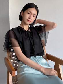 FRIFUL Designer Women Solid Color Mesh Design Short Sleeve Shirt With Artistic Patchwork - Black - View 6