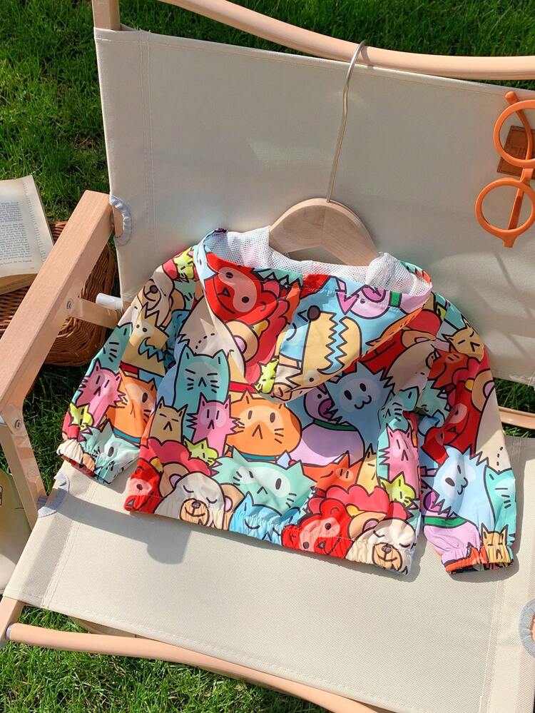 Baby Girl Casual Cute Cartoon Pattern Printed Hooded Jacket With Long Sleeves, Lightweight Style