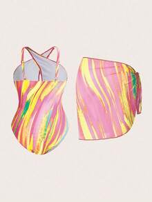 SHEIN Swim Curve 大码女式扎染吊带连体泳衣，带泳衣罩裙，适合度假 - 橘色 - 查看 3