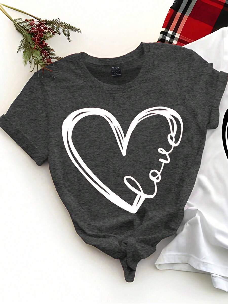 SHEIN LUNE 情人節、夏季的藝術心形印花休閒t-shirt - 深灰色 - 查看 1