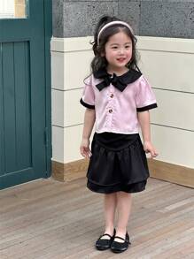 Conjunto de blusa de manga curta com laço e saia preta para meninas, colorblock, para o verão