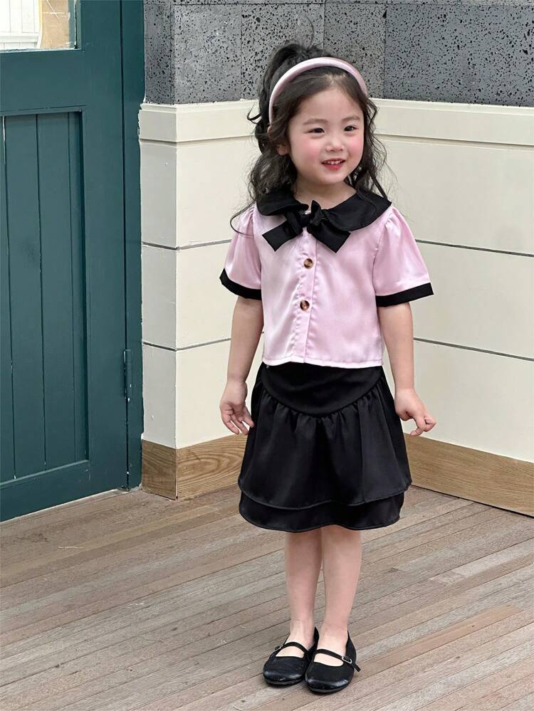 Young Girl Colorblock Bowknot Short Sleeve Shirt And Black Skirt Set For Summer