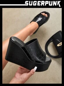 Sugerpunk Sandalias de cuña con estampado de cocodrilo para mujer, ideales para el verano, el regreso a la escuela, estudiantes universitarias, estilo Y2K, punk, , cool, deportivo, Navidad, otoño, Año Nuevo, Día de San Valentín