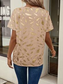 SHEIN LUNE Women's Summer Casual Personalized Leisure T-Shirt, With Simple Gold Foil Printed Leaves - Khaki - View 2