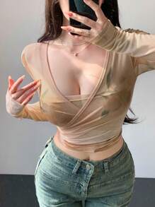 DAZY Atasan Wanita Sheer Membungkus Plain Seksi - Coral Orange - View 1