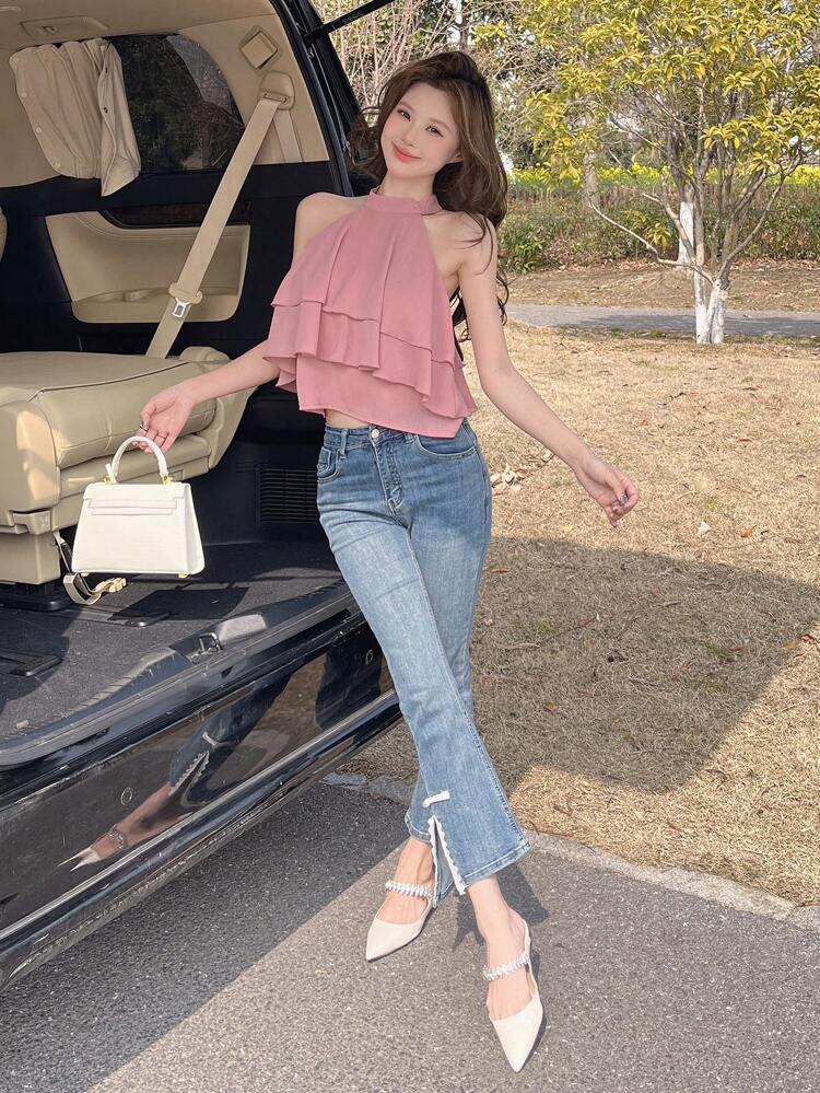 Women's Fashionable Open Shoulder V-Neck Solid Color Blouse With Strap,Crop Tops Women Going Out Tops