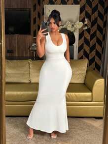 SHEIN SXY Beach Prom Pastel  Flowy Party Elegant Fairy Wedding  Rave Clothes Long Maxi White Dress Spring  Formal Women Outfits Summer  Party, Sexy Elegant Backless Design With Bow And Ruffle Trim Mermaid Long Gown - White - View 5