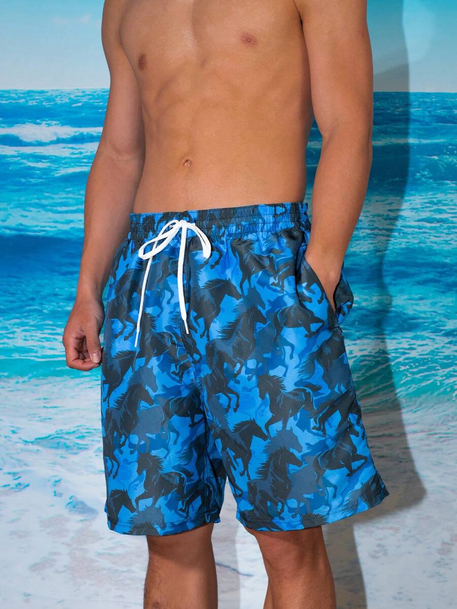 Surfspeed Shorts de plage à cordon de serrage avec impression aléatoire pour hommes - Bleu azur - Voir 1