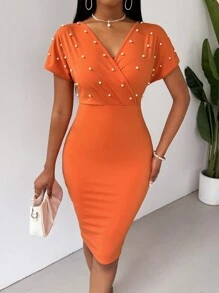 EMERY ROSE 女款v領珠片修身短袖連衣裙,適合春夏日常穿著 - 亮橙色 - 查看 5