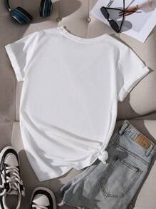 INAWLY Camiseta de manga corta con cuello en V y estampado de letras, informal, top gráfico de verano para mujer