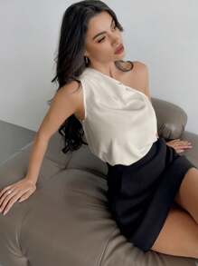 SHEIN Privé 女士休闲优雅度假潮流 INS 褶皱抽象笔触印花领衬衫通勤办公室老款办公室装单肩上衣 - 杏色 - 查看 5