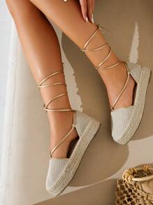 Styleloop 女士腿部繫帶設計編織條帶宮廷度假戶外厚底鞋 - 杏色 - 查看 2