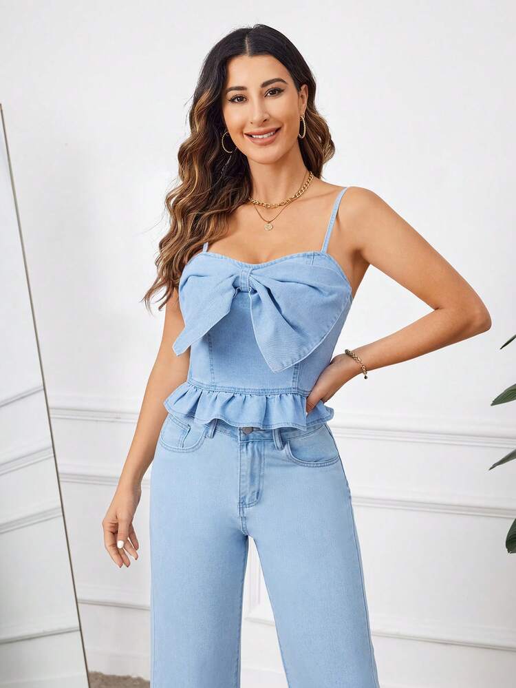 Women's Summer Denim Bow Knot Strap Tank Top